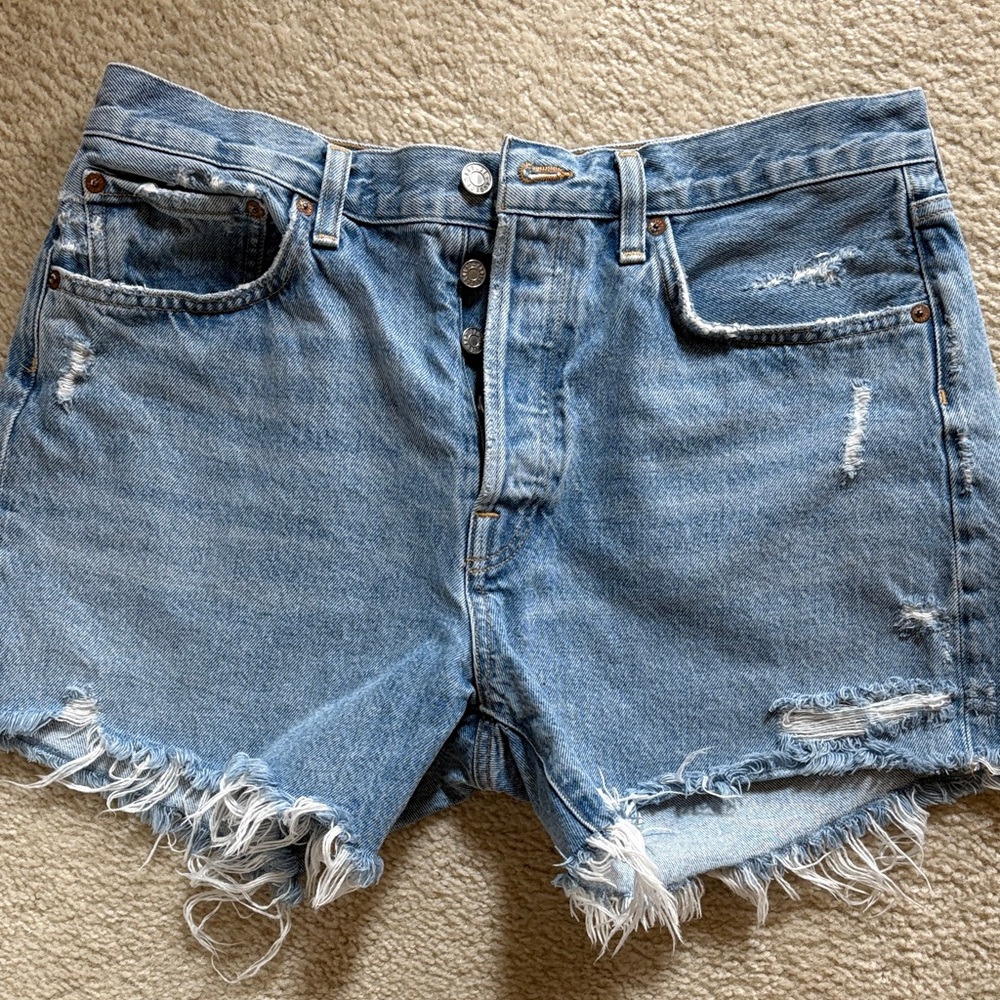 AGOLDE Light Blue Distressed Denim Shorts